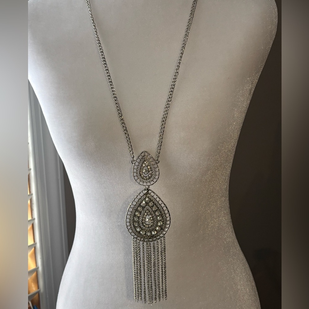 Statement Rhinestone Fringe Pendant Necklace Silver Boho Glam